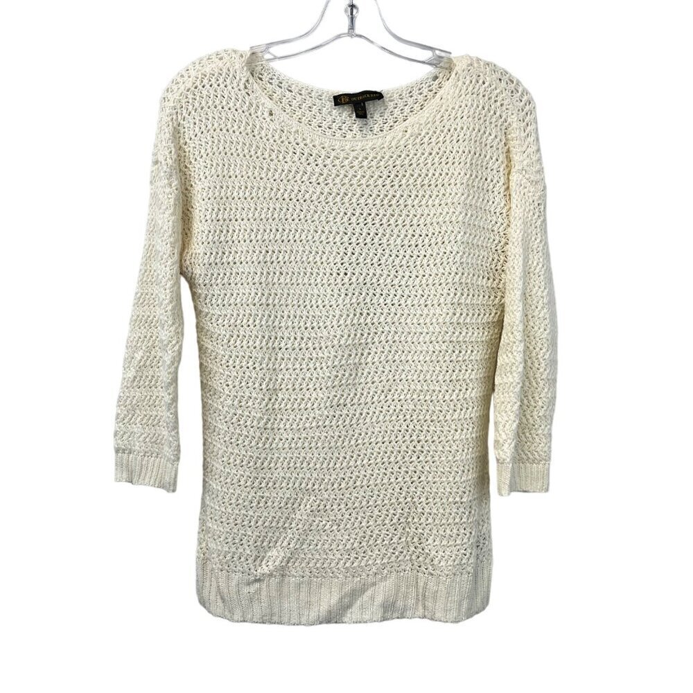 Outback Red Women’s Round Neck 3/4 Sleeve Crochet Knit Sweater Cream Small